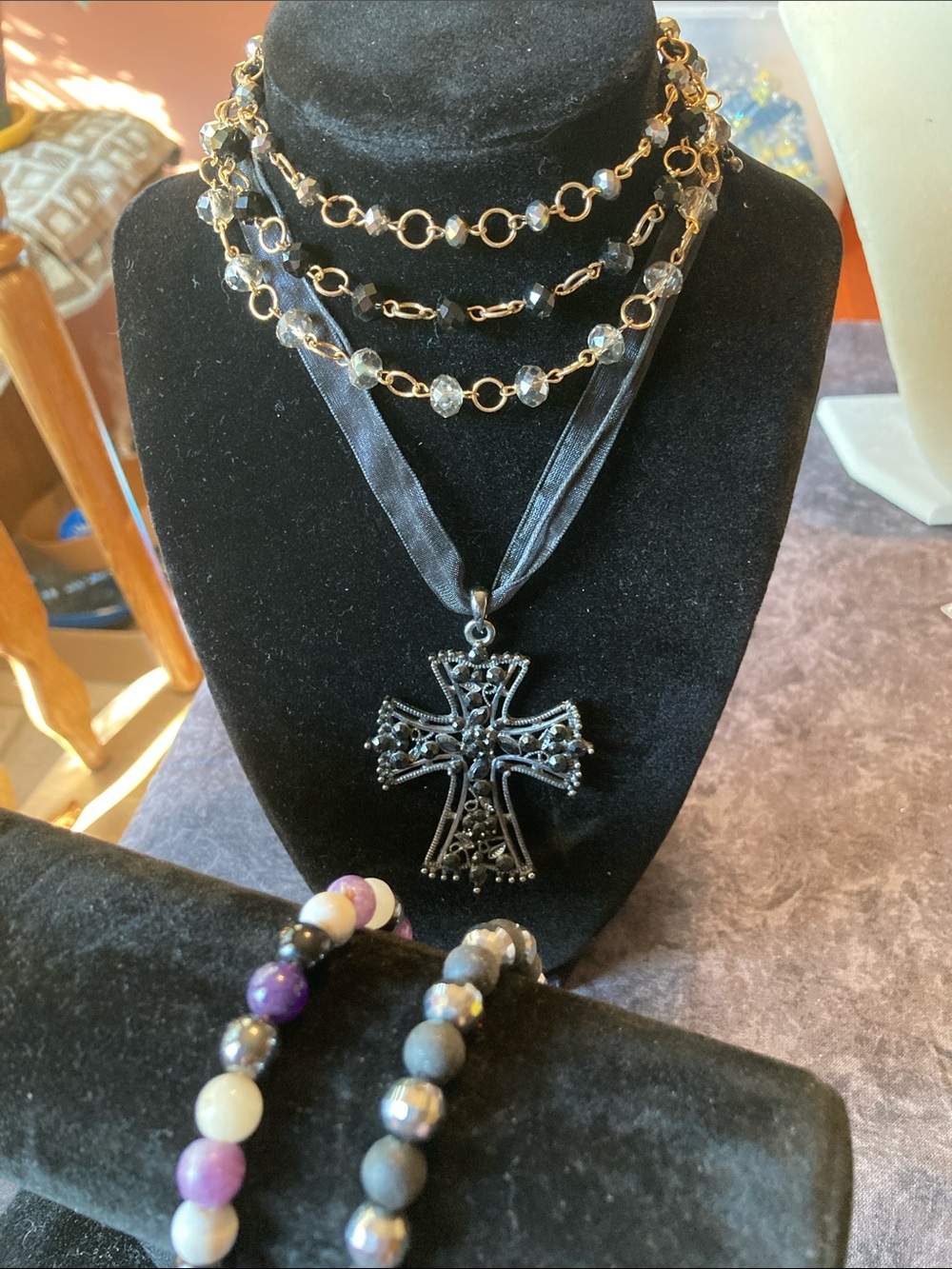 4 Pc Jewelry Bundle Cross Pendant, Beads, and More